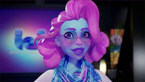Animated blue-skinned woman with voluminous pink hair and round pink glasses smiling.