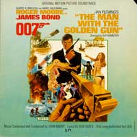 Album cover for The Man with the Golden Gun featuring Roger Moore and various action scenes.