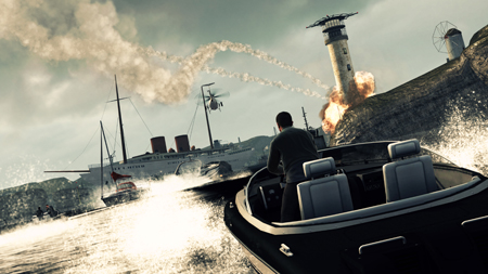 A man in a speedboat heads toward a large ship and a lighthouse amidst smoke and explosions.