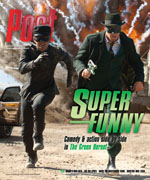 Two men in green costumes and masks run forward, with "SUPER FUNNY" text overlay. Explosions in the background.