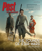 Characters from Star Wars: The Force Awakens, including Rey, Finn, and Poe Dameron, stand on a desert landscape with BB-8.