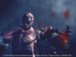 A pale, muscular creature with an open mouth is struck by a projectile, causing red splatters.
