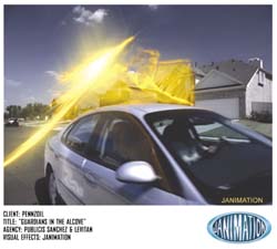 A silver car drives past a suburban house under a bright, swirling yellow light effect.
