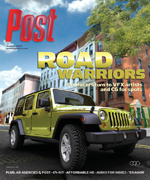 Cover of Post magazine with a yellow Jeep Wrangler on a street, headline "ROAD WARRIORS" and text about VFX and CG.