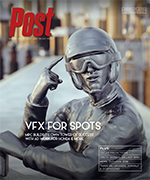 Statue of a person wearing goggles and a helmet, pointing to their head. Text on image reads "Post" and "VFX FOR SPOTS".