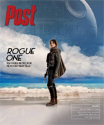 Felicity Jones as Jyn Erso stands on a beach with the Death Star in the sky behind her.