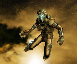 A person in silver and black sci-fi armor floating against a starry, golden nebula background.