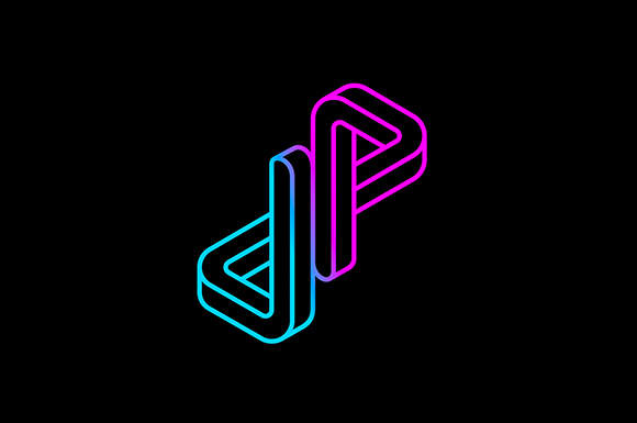 Neon pink and cyan isometric geometric shape resembling interlocking loops on a black background.