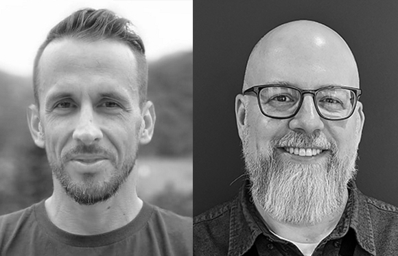 Two black and white headshots of men, one with short hair and stubble, the other bald with a full beard and glasses.