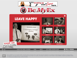 Website interface for BeMyEx showing a red pop-up window titled 'Leave Happy' with various video lesson thumbnails.