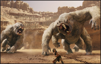 Two massive, hairy, ape-like creatures tower over a person in a rocky desert setting.