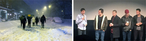 Two scenes: left, people walk on a snow-covered street at night with streetlights and cars. Right, five men stand on a stage