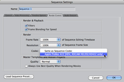 A software dialog box titled Sequence Settings showing Render Control options with a codec dropdown menu open.