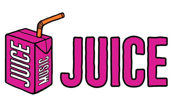 A pink juice box with an orange straw next to the word JUICE in large, bold pink lettering.