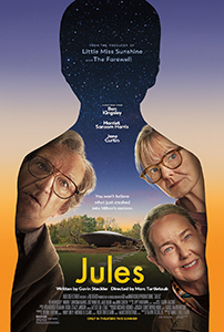 Movie poster for Jules featuring three character portraits within a large silhouette against a sunset sky.