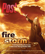A wizard with a long beard and robes conjures a swirling firestorm with his outstretched hand against a fiery sky.