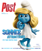 Smurfette, a blonde Smurf character in a white dress and hat, is featured on the cover of Post Magazine with the headline "Su