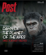 Close-up of Caesar, the ape from Dawn of the Planet of the Apes, looking directly at the viewer with a serious expression.