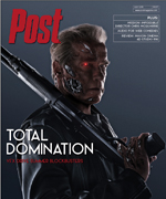 Arnold Schwarzenegger as the Terminator, with glowing red eyes and mechanical parts visible, holds a rifle. Text reads 'TOTAL