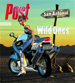 A stylized woman in blue and white clothing sits on a blue motorcycle next to a signpost pointing to San Antonio.
