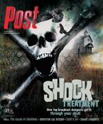 Skull and crossbones with birds flying around, "SHOCK TREATMENT" text, and a building in the background.