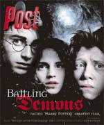 Close-up of Harry Potter, Hermione Granger, and Ron Weasley from the Harry Potter film series, looking worried.