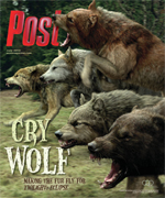 A bear and several wolves with open mouths and bared teeth are depicted in a close-up illustration.