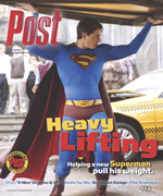Man in Superman costume lifting heavy object, with text "Post Heavy Lifting" and "Helping a new Superman pull his weight."