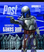 A bounty hunter in blue and silver armor aims a blaster, with a line of clone troopers in white armor behind him.