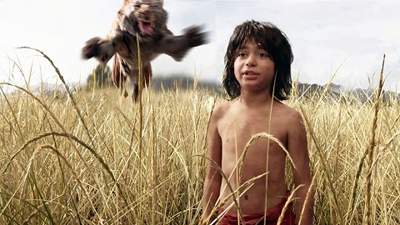 A shirtless young boy stands in tall grass while a tiger leaps through the air behind him.