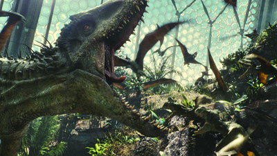 A large, scaly dinosaur with an open mouth roars inside a glass-domed jungle enclosure.
