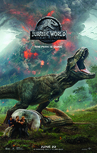 A large Tyrannosaurus Rex roars amidst smoke and fire with the Jurassic World logo above.