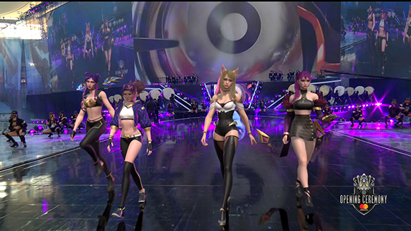 Four stylized female characters in colorful outfits walking across a dark, lit stage.