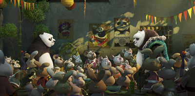 Animated pandas stand before a large group of small rabbits in a festive outdoor setting.