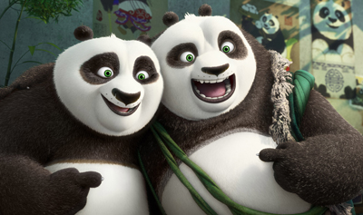 Two large, smiling animated pandas standing close together.