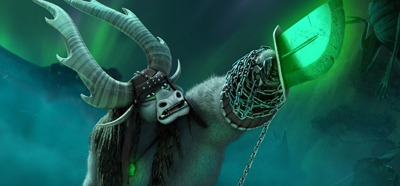An anthropomorphic reindeer with large antlers holds up a glowing green sword against a dark teal background.