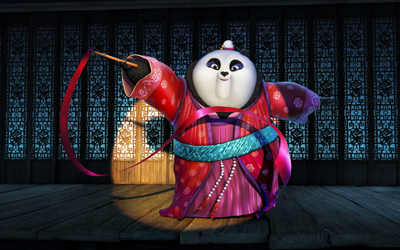 An animated panda wearing ornate red and pink robes, holding a thin wand with a long flowing pink ribbon.