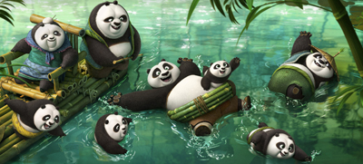 Animated pandas swimming and floating in a river surrounded by bamboo.
