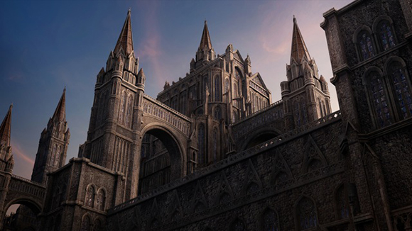A massive stone gothic castle with numerous tall, pointed spires against a darkening blue and pink sky.