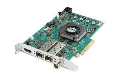 A green printed circuit board with various electronic components, a small cooling fan, and multiple video ports.