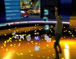 A person reaches toward a glowing digital interface with various floating icons and menu screens.