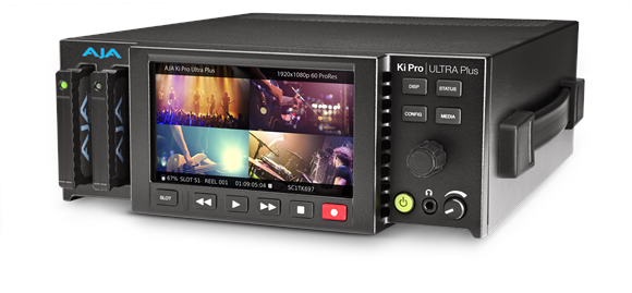 A black AJA Ki Pro Ultra Plus video recorder with a screen displaying four video feeds and various control buttons.