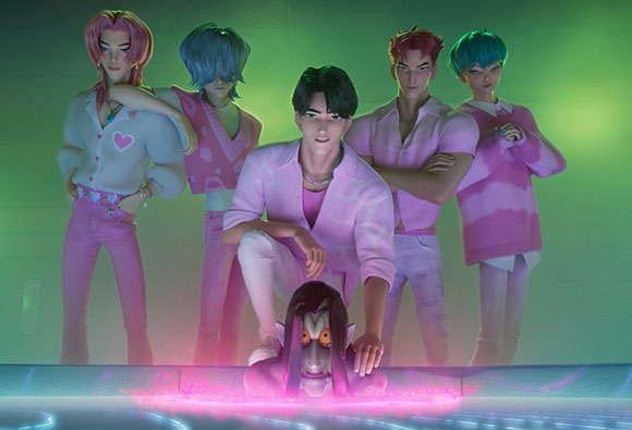 Five stylized animated characters with colorful hair posing in a group against a green background.