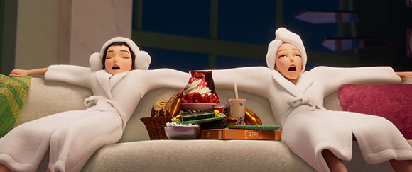 Two animated characters in white bathrobes lounge on a sofa surrounded by snacks and food.