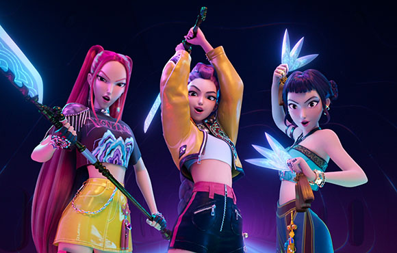 Three stylized animated women posing with glowing blue swords and a staff against a dark background.