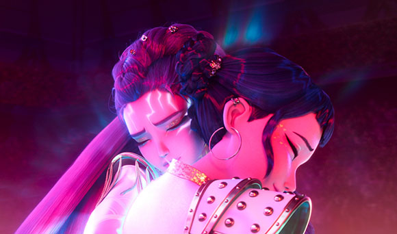 Two stylized women with dark hair embrace under glowing pink and blue light.