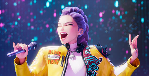 Animated female singer with purple hair singing into a microphone on a colorful, bokeh-lit stage.