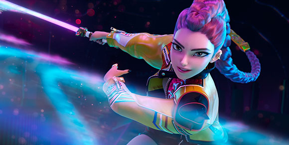 Animated woman with purple braided hair wielding a glowing purple sword in a neon-lit setting.