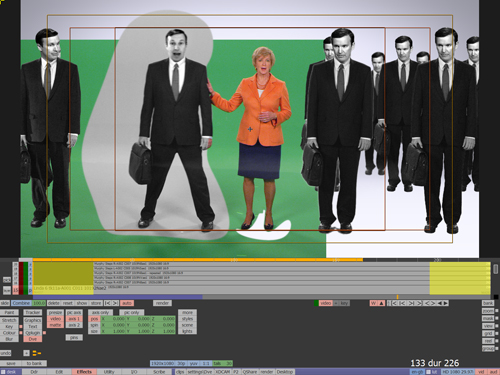 Video editing software interface displaying multiple layers of people on a green screen background.