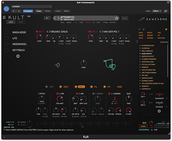 Digital interface of Kult synthesizer software with various knobs, sliders, and waveform controls on a dark background.